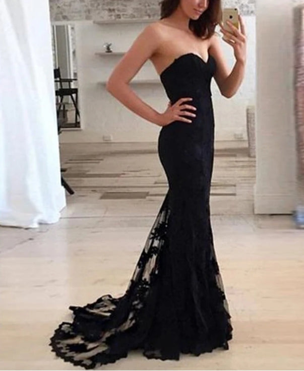 Luolandi Modern Lace Black Prom Dresses Mermaid Sweetheart Gowns With Chapel Train Charming Sexy Evening Dress